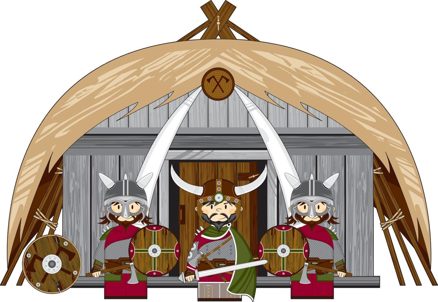 söt tecknad serie viking krigare på hemman Nordisk historia illustration vektor