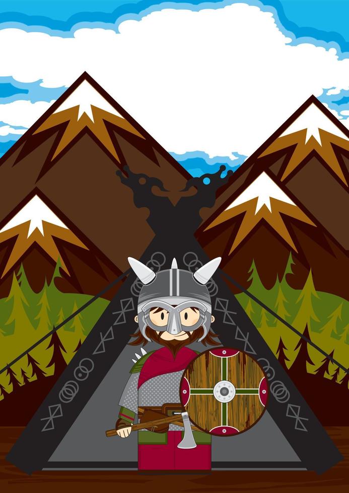 söt tecknad serie viking krigare och tält Nordisk historia illustration vektor