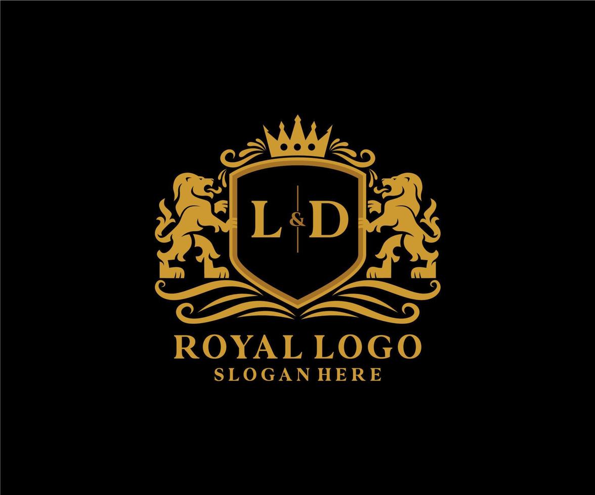 första ld brev lejon kunglig lyx logotyp mall i vektor konst för restaurang, kungligheter, boutique, Kafé, hotell, heraldisk, Smycken, mode och Övrig vektor illustration.