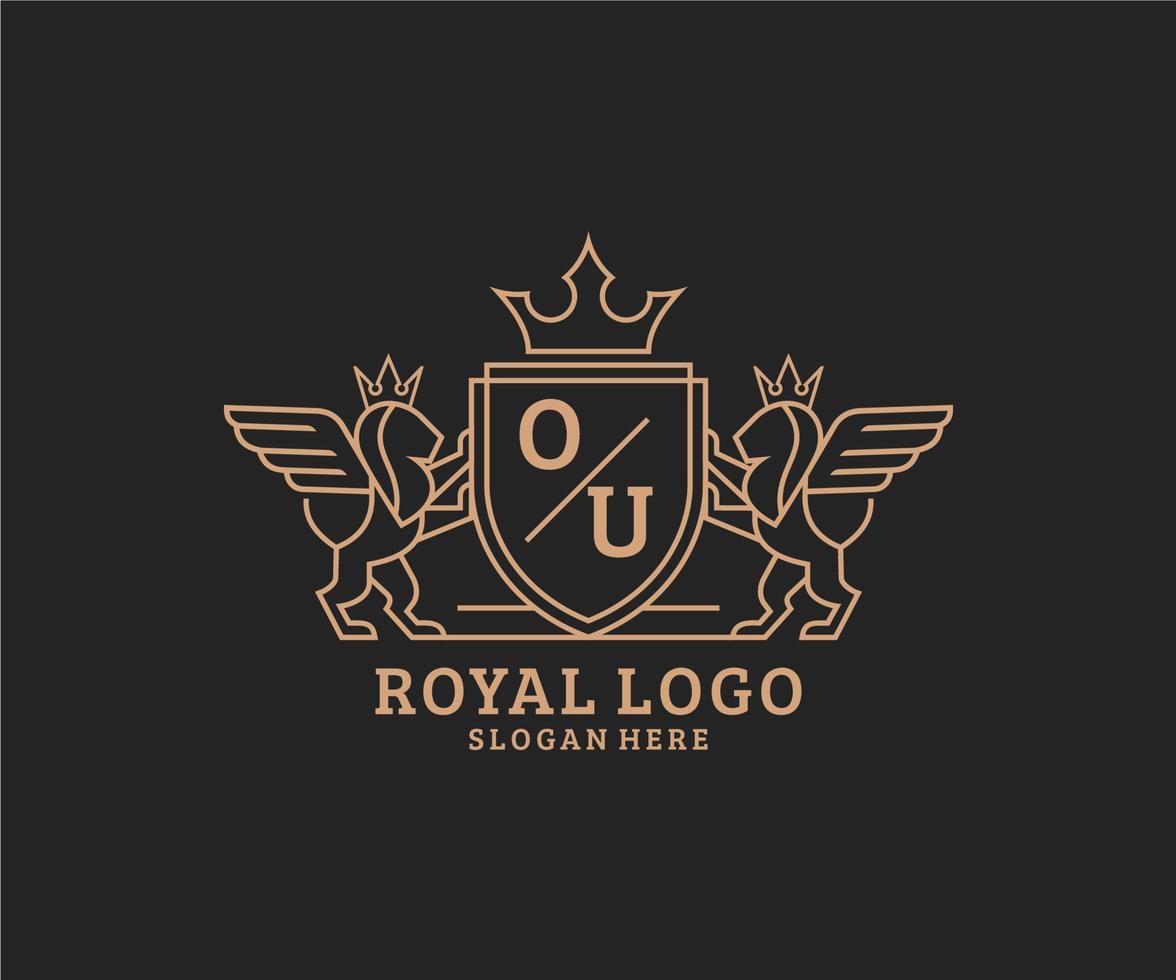 första ou brev lejon kunglig lyx heraldisk, vapen logotyp mall i vektor konst för restaurang, kungligheter, boutique, Kafé, hotell, heraldisk, Smycken, mode och Övrig vektor illustration.