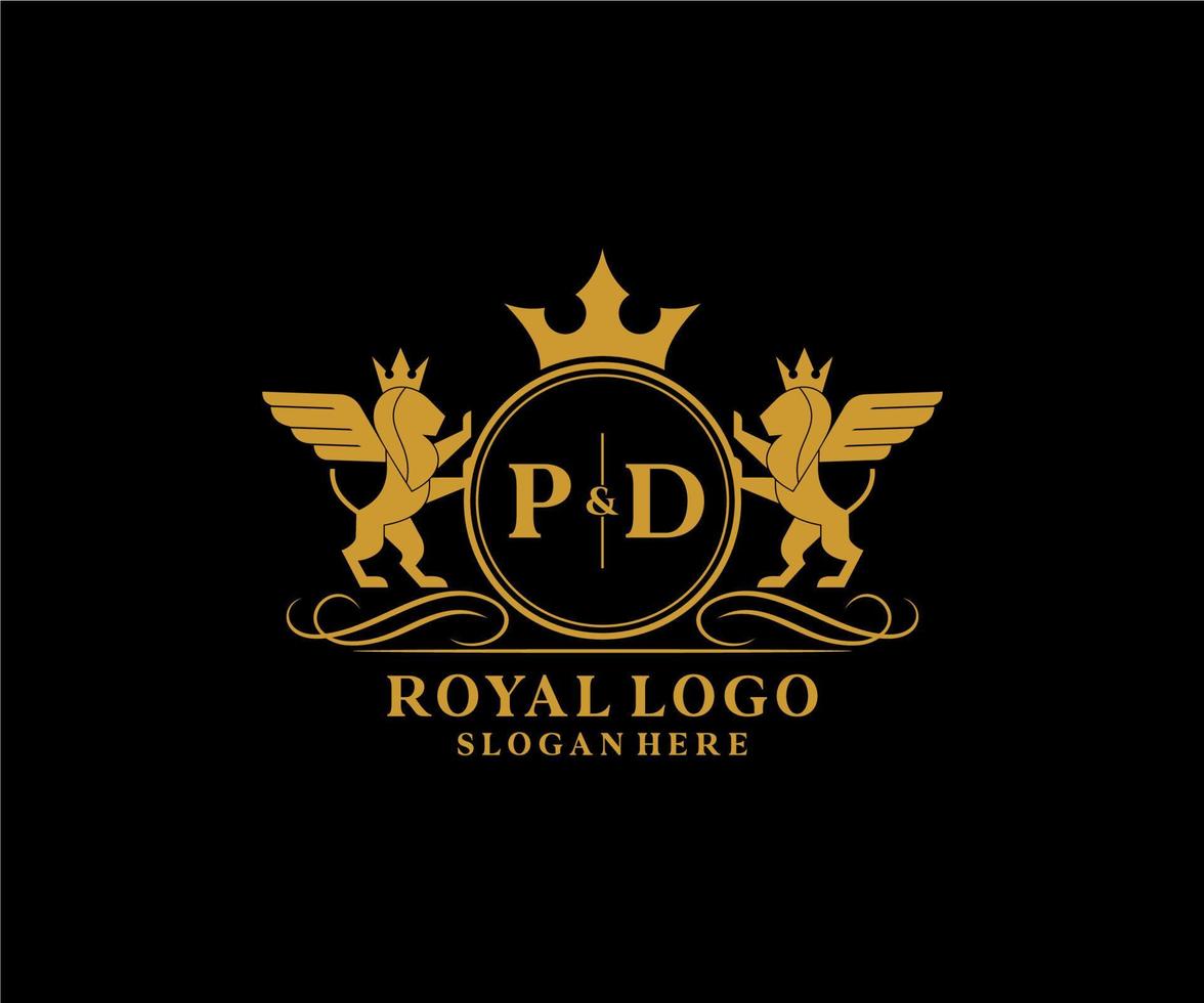 Initiale pd Brief Löwe königlich Luxus heraldisch, Wappen Logo Vorlage im Vektor Kunst zum Restaurant, Königtum, Boutique, Cafe, Hotel, heraldisch, Schmuck, Mode und andere Vektor Illustration.