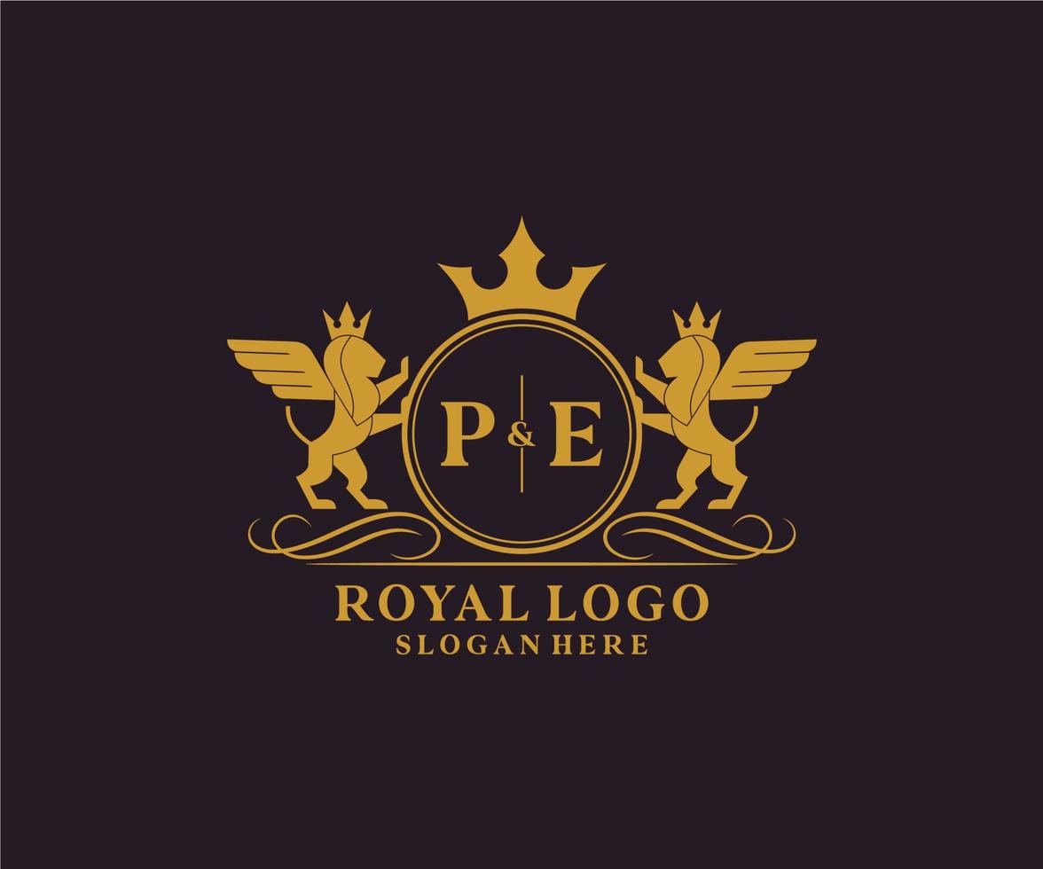 första pe brev lejon kunglig lyx heraldisk, vapen logotyp mall i vektor konst för restaurang, kungligheter, boutique, Kafé, hotell, heraldisk, Smycken, mode och Övrig vektor illustration.