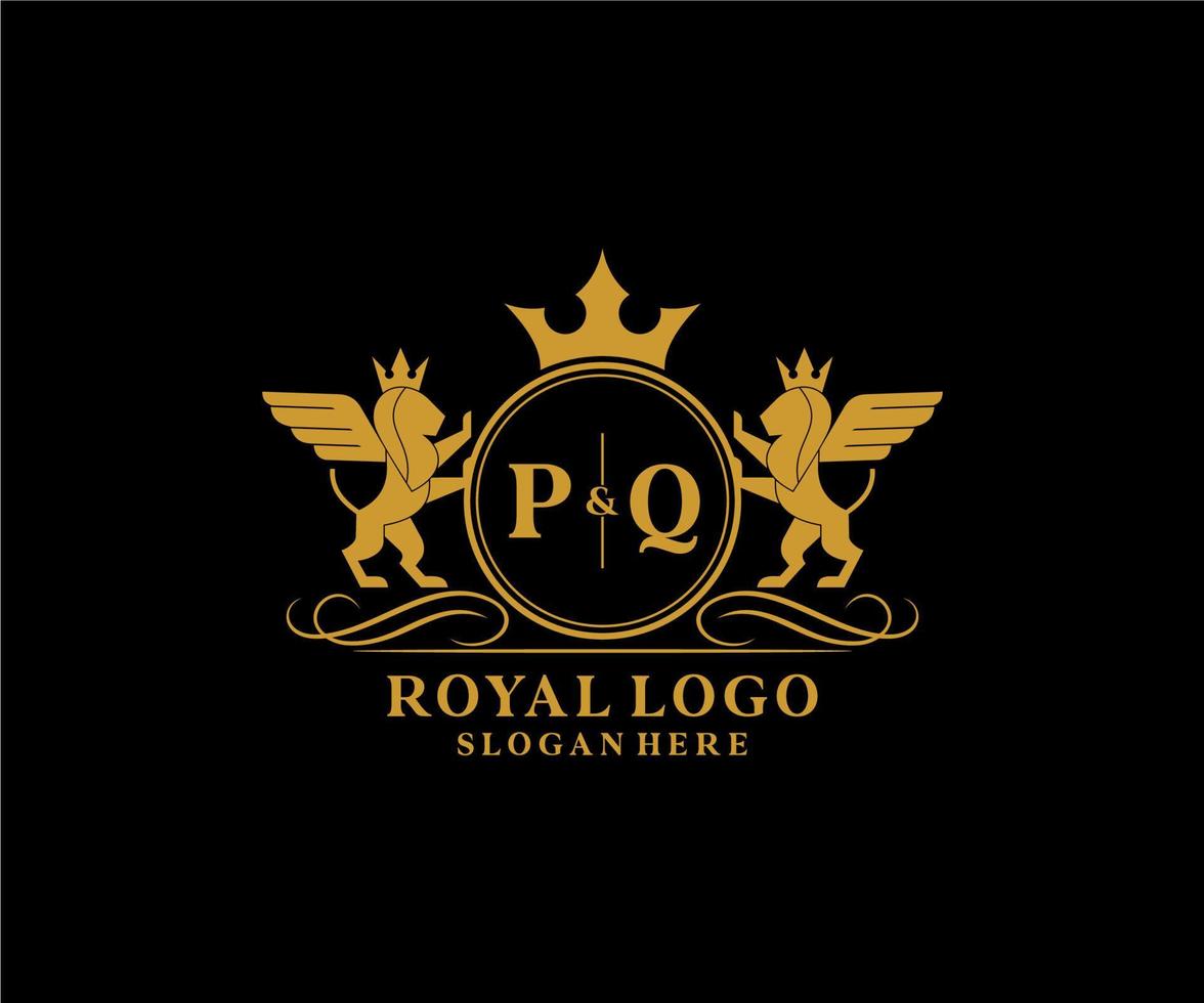 första pq brev lejon kunglig lyx heraldisk, vapen logotyp mall i vektor konst för restaurang, kungligheter, boutique, Kafé, hotell, heraldisk, Smycken, mode och Övrig vektor illustration.