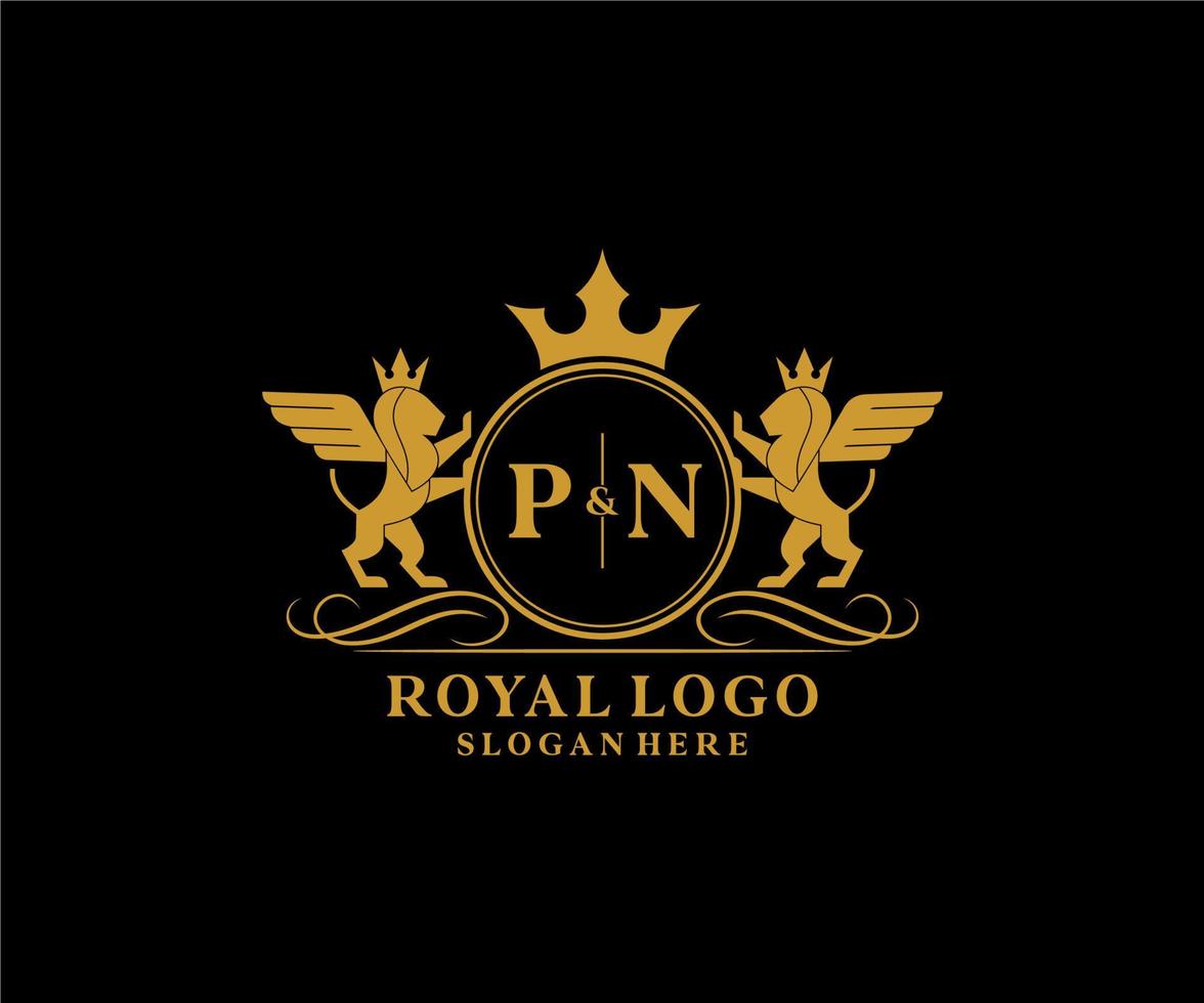 första pn brev lejon kunglig lyx heraldisk, vapen logotyp mall i vektor konst för restaurang, kungligheter, boutique, Kafé, hotell, heraldisk, Smycken, mode och Övrig vektor illustration.