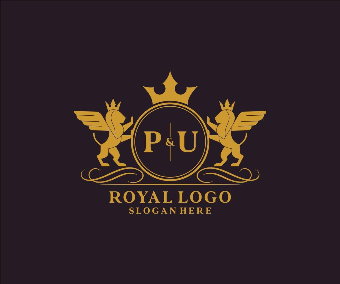 Initiale pu Brief Löwe königlich Luxus heraldisch, Wappen Logo Vorlage im Vektor Kunst zum Restaurant, Königtum, Boutique, Cafe, Hotel, heraldisch, Schmuck, Mode und andere Vektor Illustration.