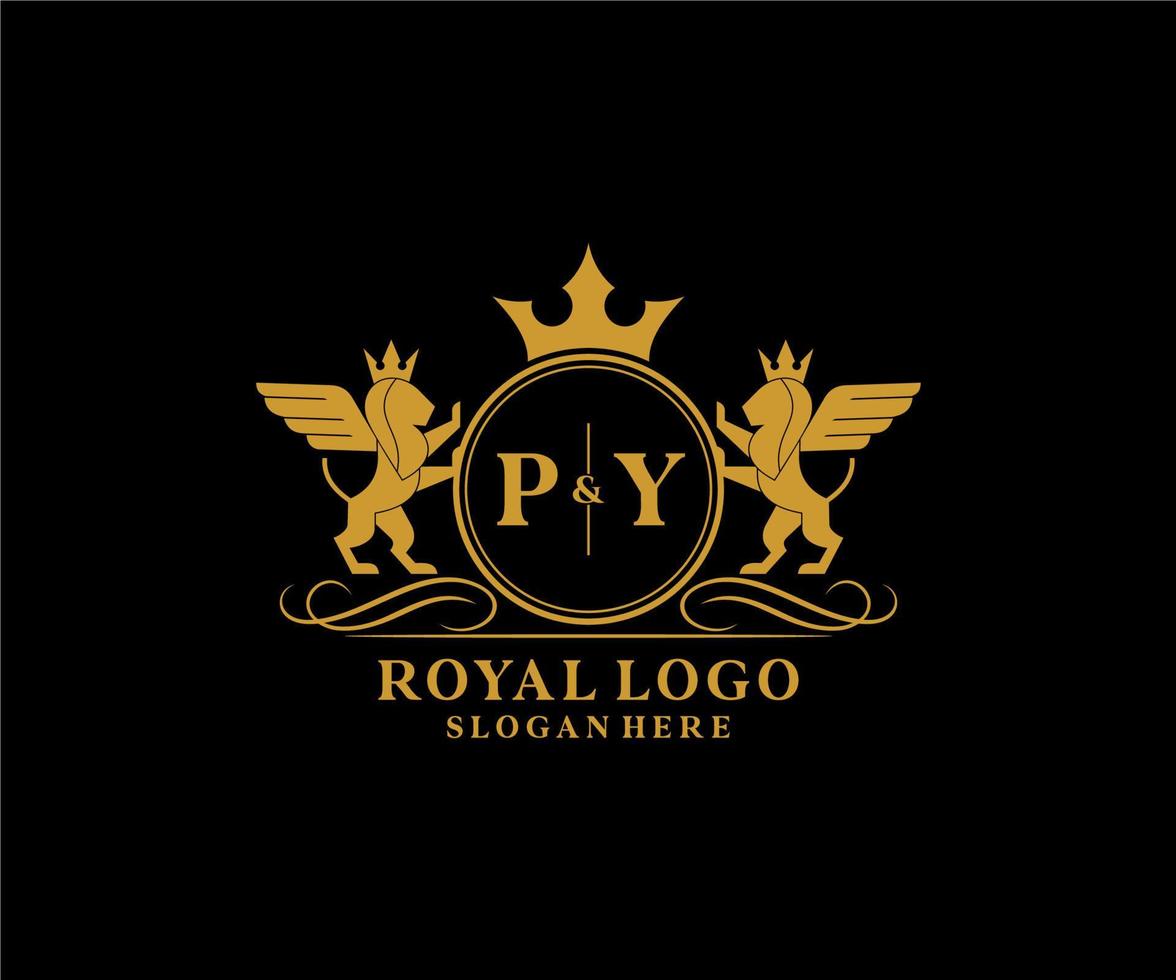 Initiale py Brief Löwe königlich Luxus heraldisch, Wappen Logo Vorlage im Vektor Kunst zum Restaurant, Königtum, Boutique, Cafe, Hotel, heraldisch, Schmuck, Mode und andere Vektor Illustration.