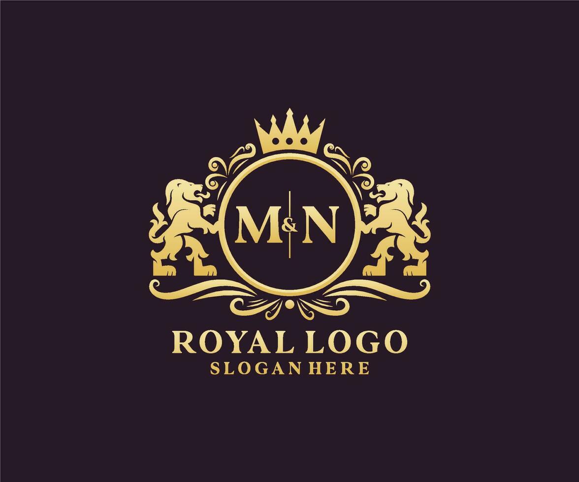 första mn brev lejon kunglig lyx logotyp mall i vektor konst för restaurang, kungligheter, boutique, Kafé, hotell, heraldisk, Smycken, mode och Övrig vektor illustration.