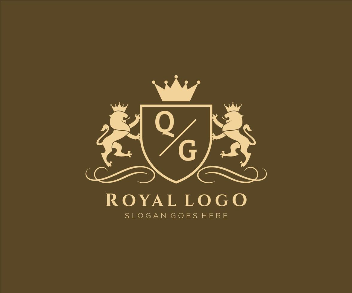 första qg brev lejon kunglig lyx heraldisk, vapen logotyp mall i vektor konst för restaurang, kungligheter, boutique, Kafé, hotell, heraldisk, Smycken, mode och Övrig vektor illustration.