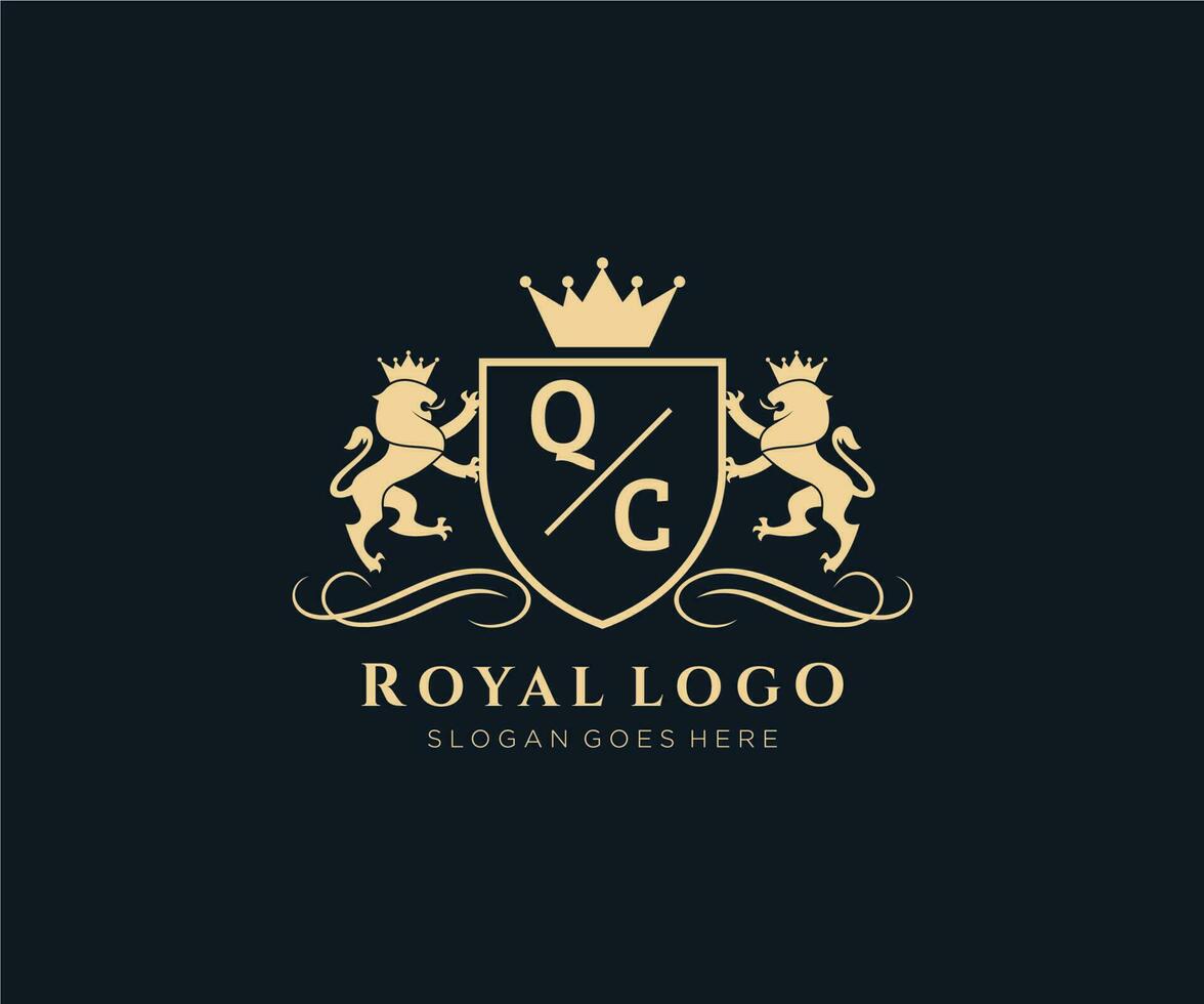 första qc brev lejon kunglig lyx heraldisk, vapen logotyp mall i vektor konst för restaurang, kungligheter, boutique, Kafé, hotell, heraldisk, Smycken, mode och Övrig vektor illustration.