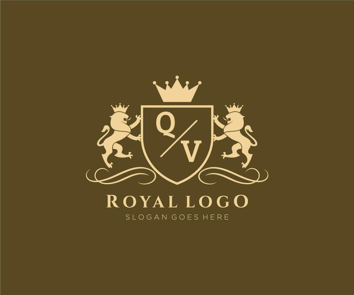 första qv brev lejon kunglig lyx heraldisk, vapen logotyp mall i vektor konst för restaurang, kungligheter, boutique, Kafé, hotell, heraldisk, Smycken, mode och Övrig vektor illustration.