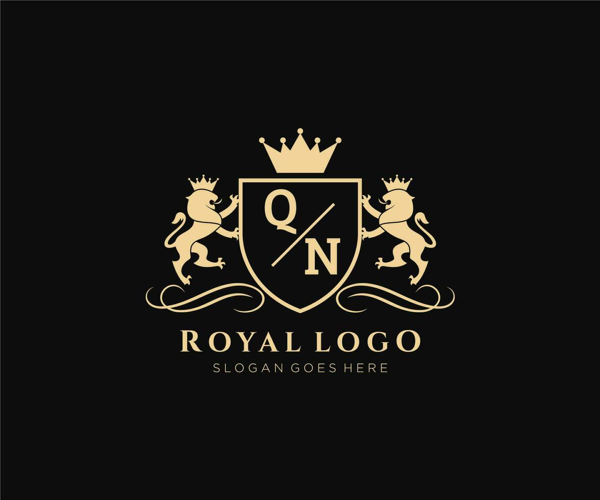 Initiale qn Brief Löwe königlich Luxus heraldisch, Wappen Logo Vorlage im Vektor Kunst zum Restaurant, Königtum, Boutique, Cafe, Hotel, heraldisch, Schmuck, Mode und andere Vektor Illustration.