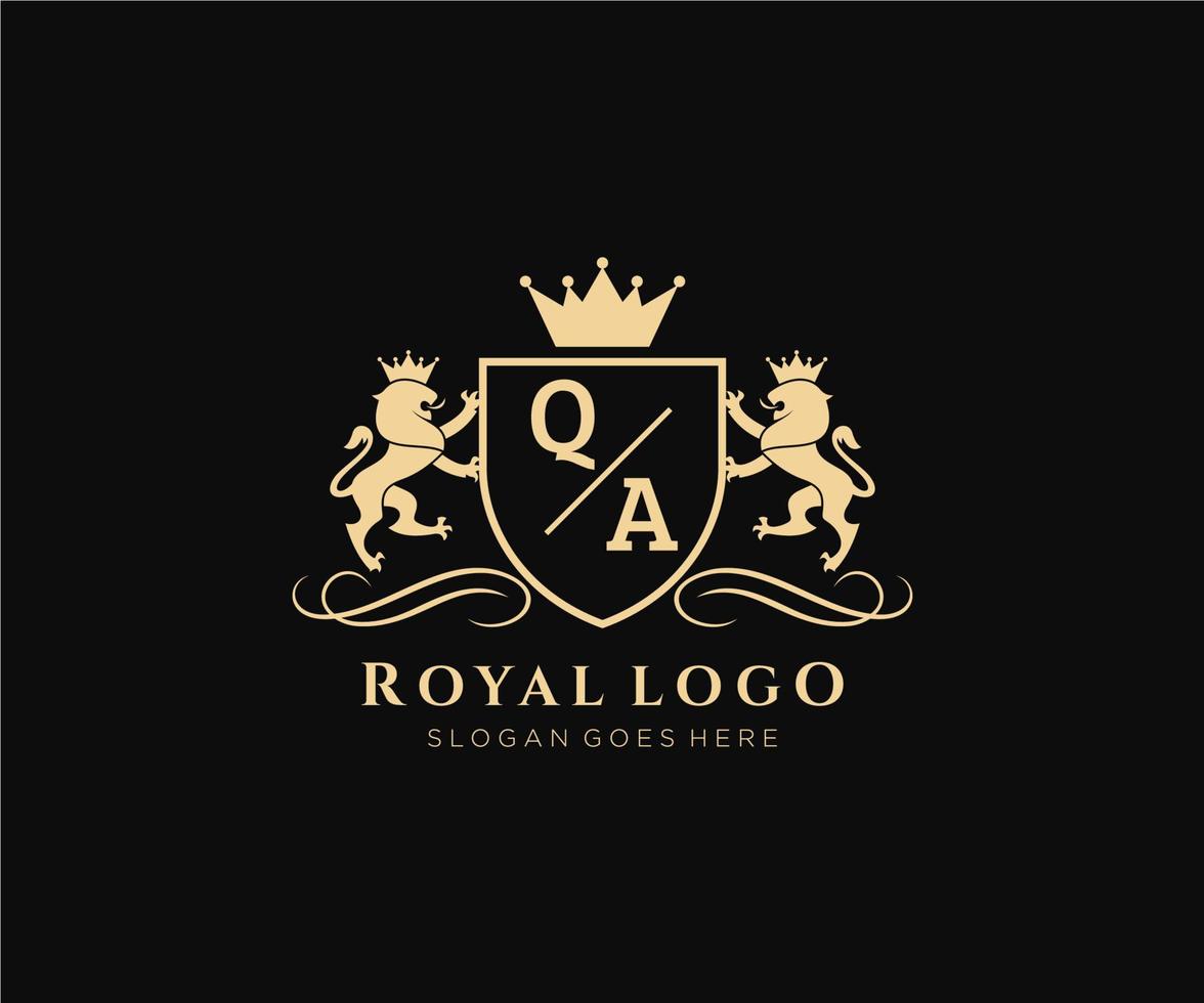 första qa brev lejon kunglig lyx heraldisk, vapen logotyp mall i vektor konst för restaurang, kungligheter, boutique, Kafé, hotell, heraldisk, Smycken, mode och Övrig vektor illustration.