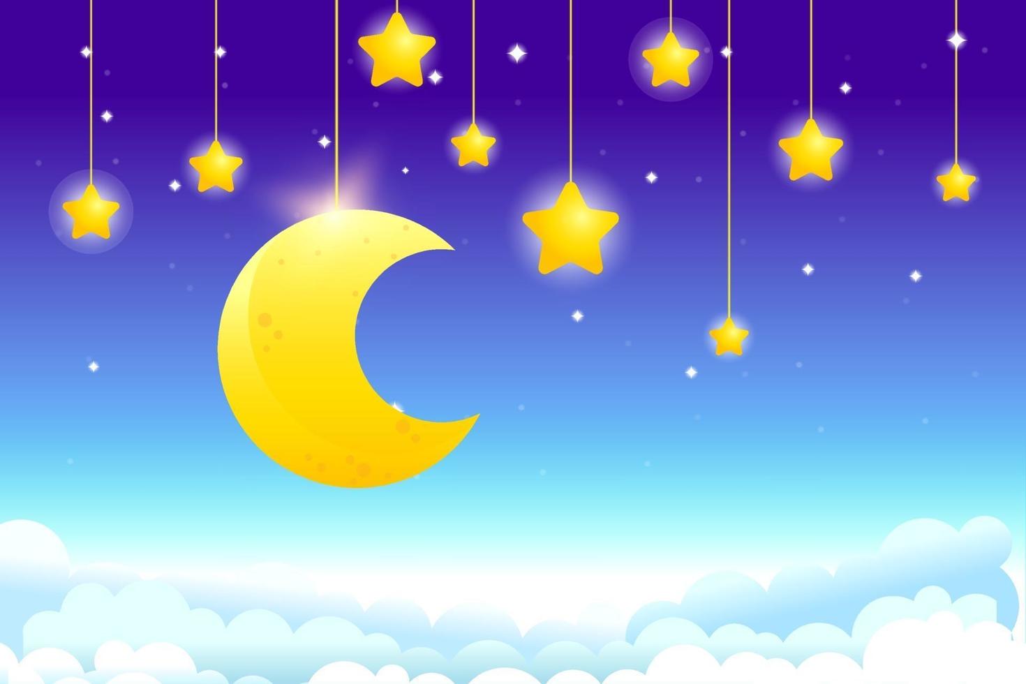 Nachthimmel Hintergrund mit hängendem Mond und Sternen, Fantasie Hintergrund vektor