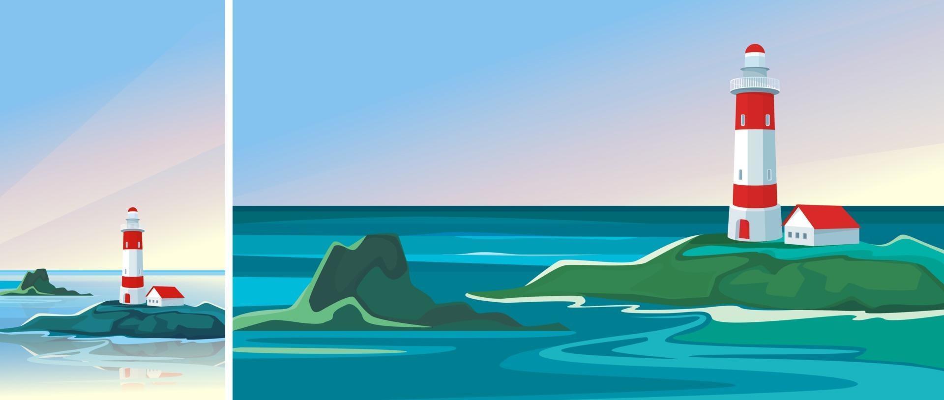 Landschaft mit Leuchtturm im Morgengrauen. Seelandschaft in vertikaler und horizontaler Ausrichtung. vektor