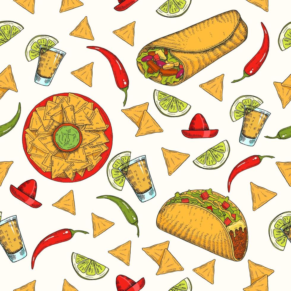 sömlösa mönster med handritad mexikansk mat vektor