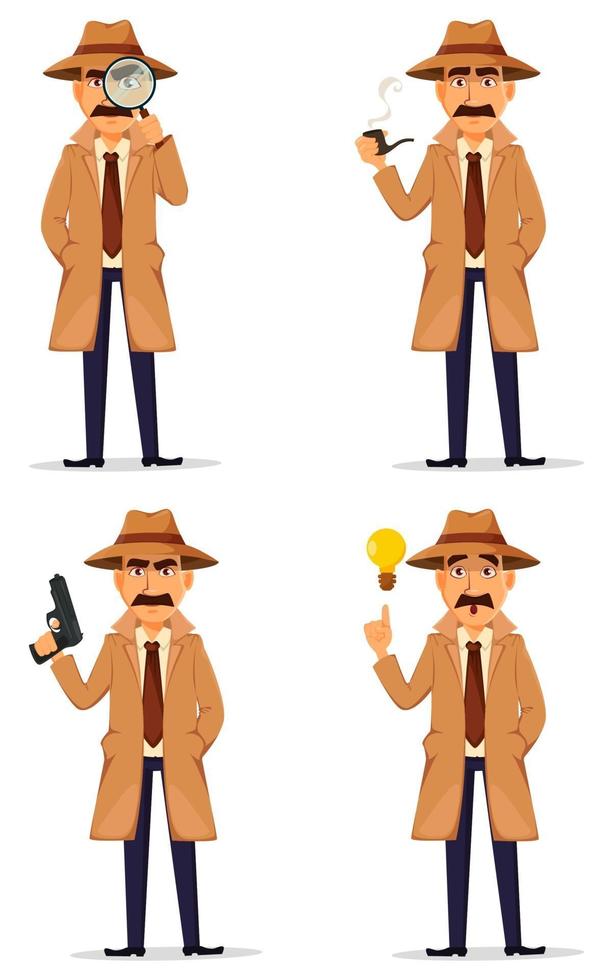 detektiv i hatt och kappa. stilig karaktär vektor