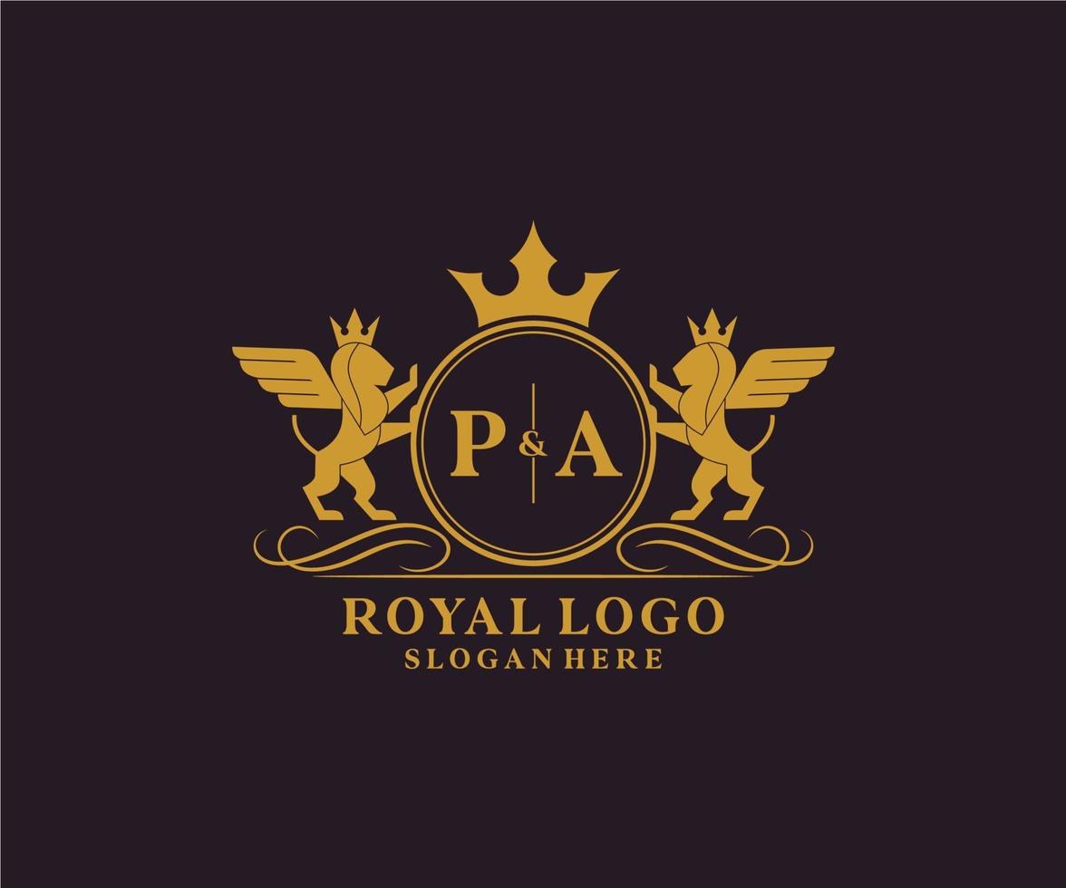 första pa brev lejon kunglig lyx heraldisk, vapen logotyp mall i vektor konst för restaurang, kungligheter, boutique, Kafé, hotell, heraldisk, Smycken, mode och Övrig vektor illustration.