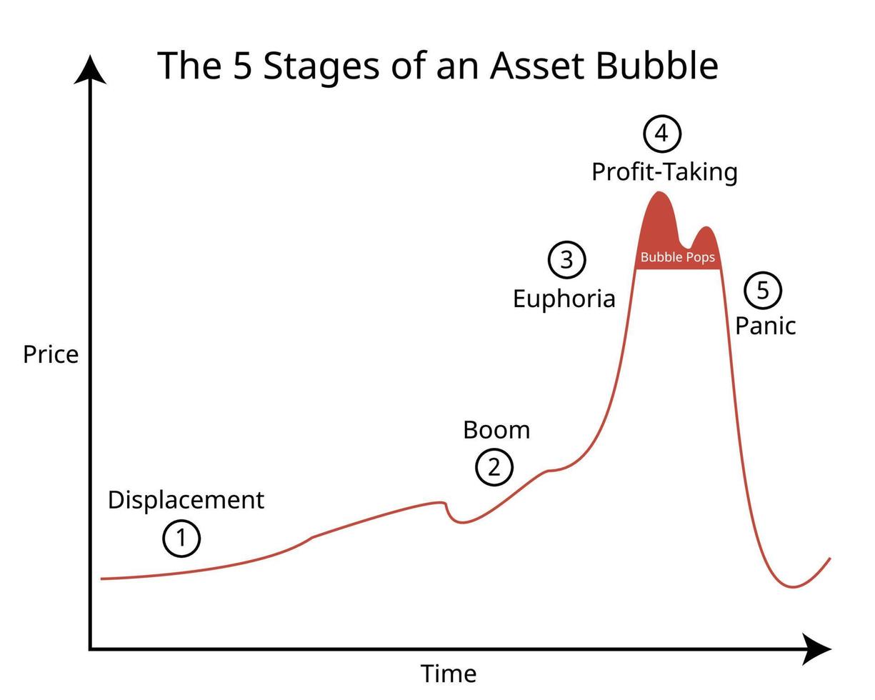 5 stadier av tillgång bubblor är framförallt förödande för individer och företag vem investera för sent, menande inom kort innan de bubbla skurar vektor