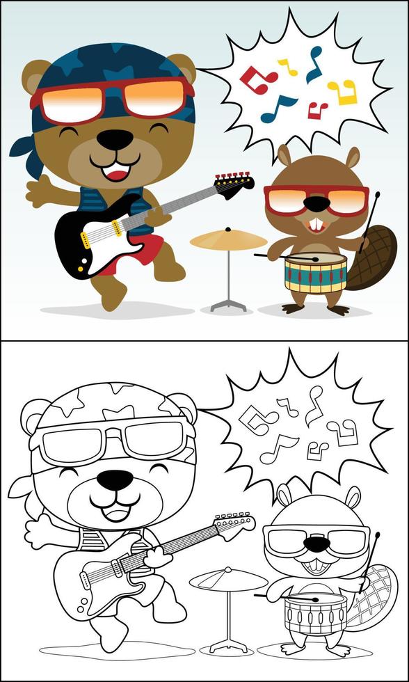 vektor tecknad serie av söt Björn med bäver spelar musikalisk instrument, färg bok eller sida