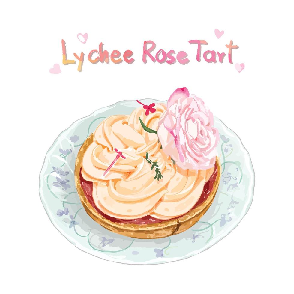 Aquarell Gemälde von Litschi Rose und Himbeere Torte vektor