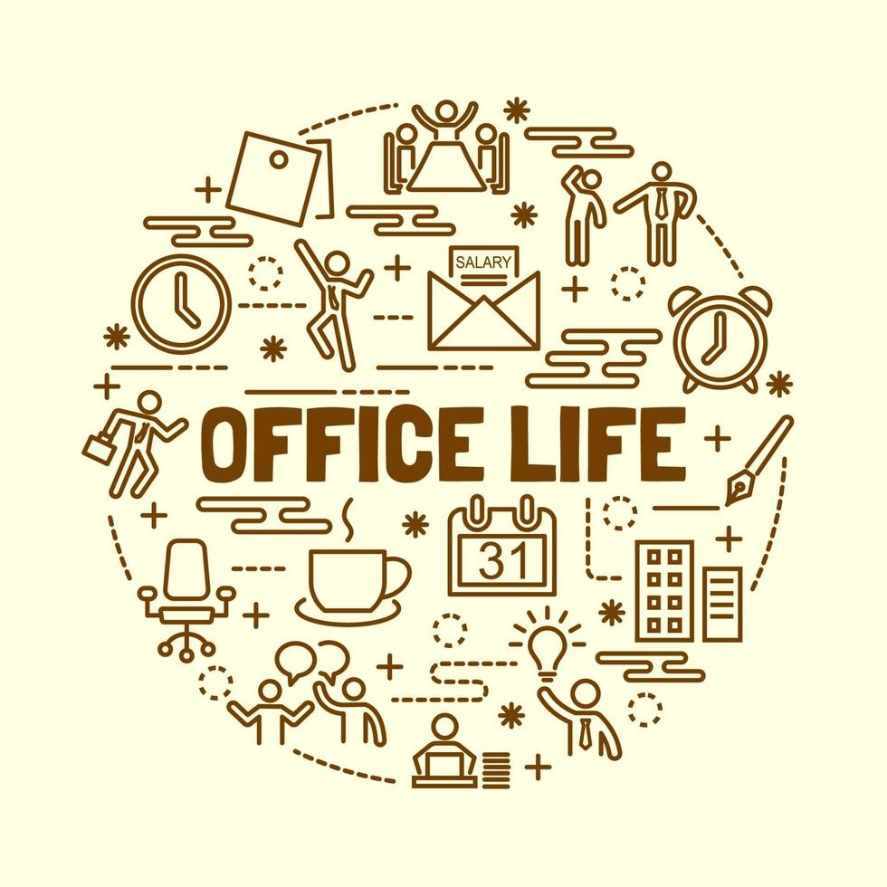 kontor liv minimal tunn linje ikoner set vektor