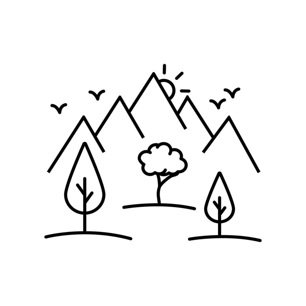 Bäume durch das Berge Linie, Gliederung Vektor Zeichen, linear Stil Piktogramm Vektor Symbol