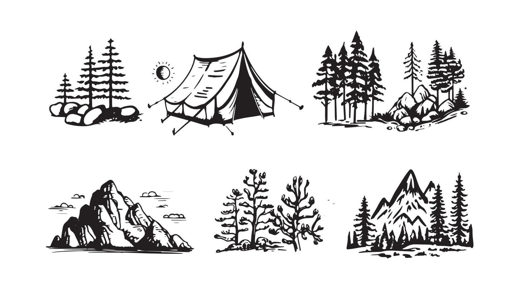 Camping Satz, Berg Landschaft, Hand gezeichnet Stil, Vektor Illustration.