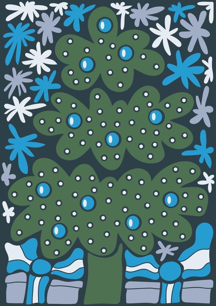 abstrakt retro Poster mit Weihnachten Baum, Geschenk Kisten und Schneeflocken im naiv Stil. fröhlich Weihnachten und glücklich Neu Jahr vektor
