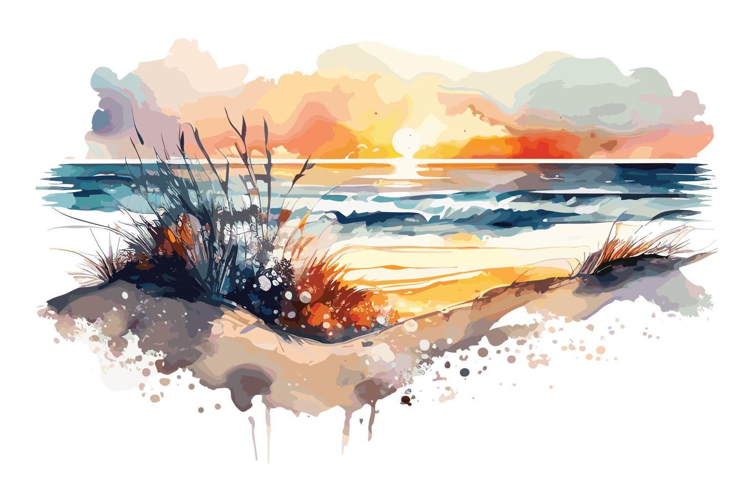 vattenfärg solnedgång på de strand illustration för social media annonser, affischer, banderoller, och bok omslag design vektor