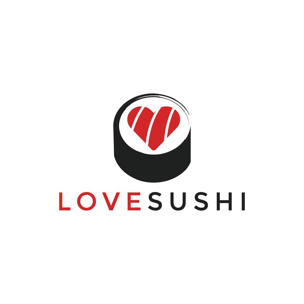 sushi rulla med hjärta form lax och kärlek sushi text. vektor illustration för logotyp design