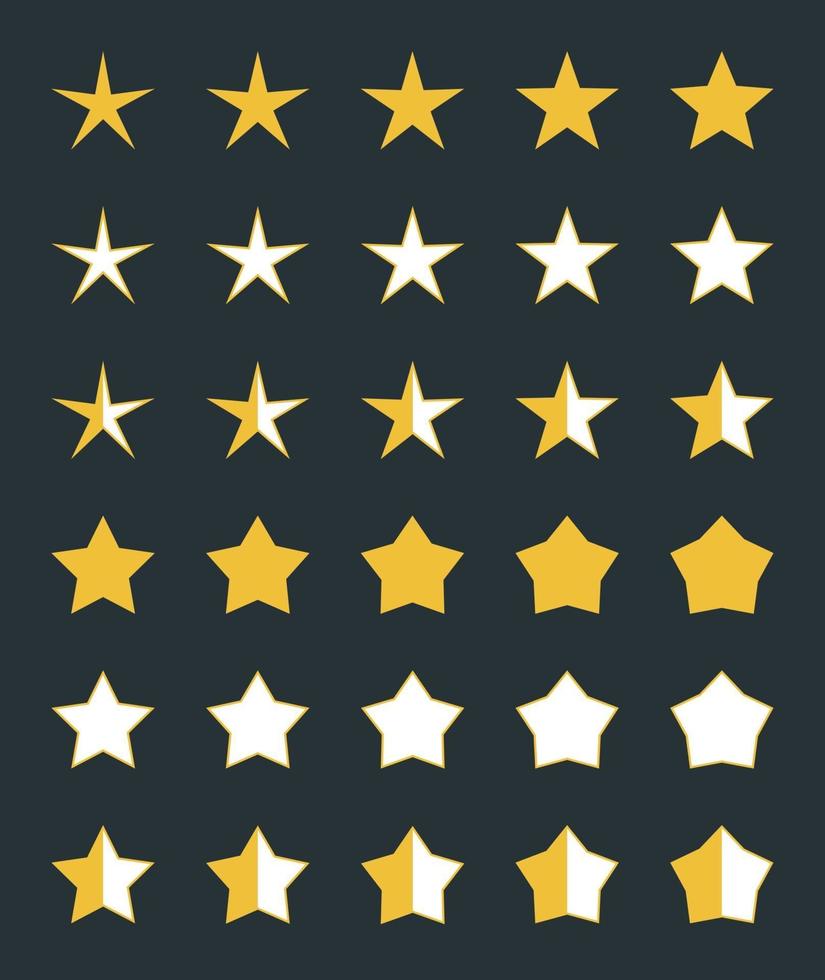 Ein Satz von 30 fünfzackigen Sternen für Bewertungen auf Webseiten. Die Sterne haben 10 verschiedene Formen und drei Farbschemata. Somit kann der Benutzer nicht nur die gesamte Punktzahl, sondern auch die Hälfte davon angeben. vektor