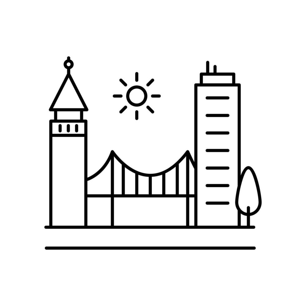 Stadtbild und Suspension Brücke Linie, Gliederung Vektor Zeichen, linear Stil Piktogramm Vektor Symbol