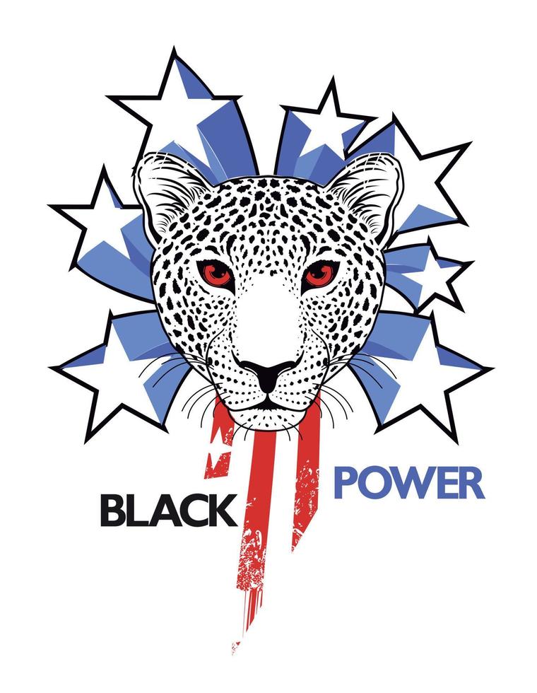 svart makt. design för t-shirt av en leopard ansikte med stjärnor och vertikal röd Ränder. vektor illustration för afro historia månad