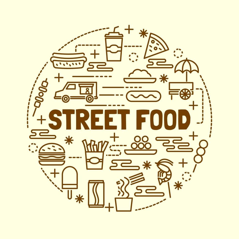 Street Food minimale dünne Linie Symbole gesetzt vektor