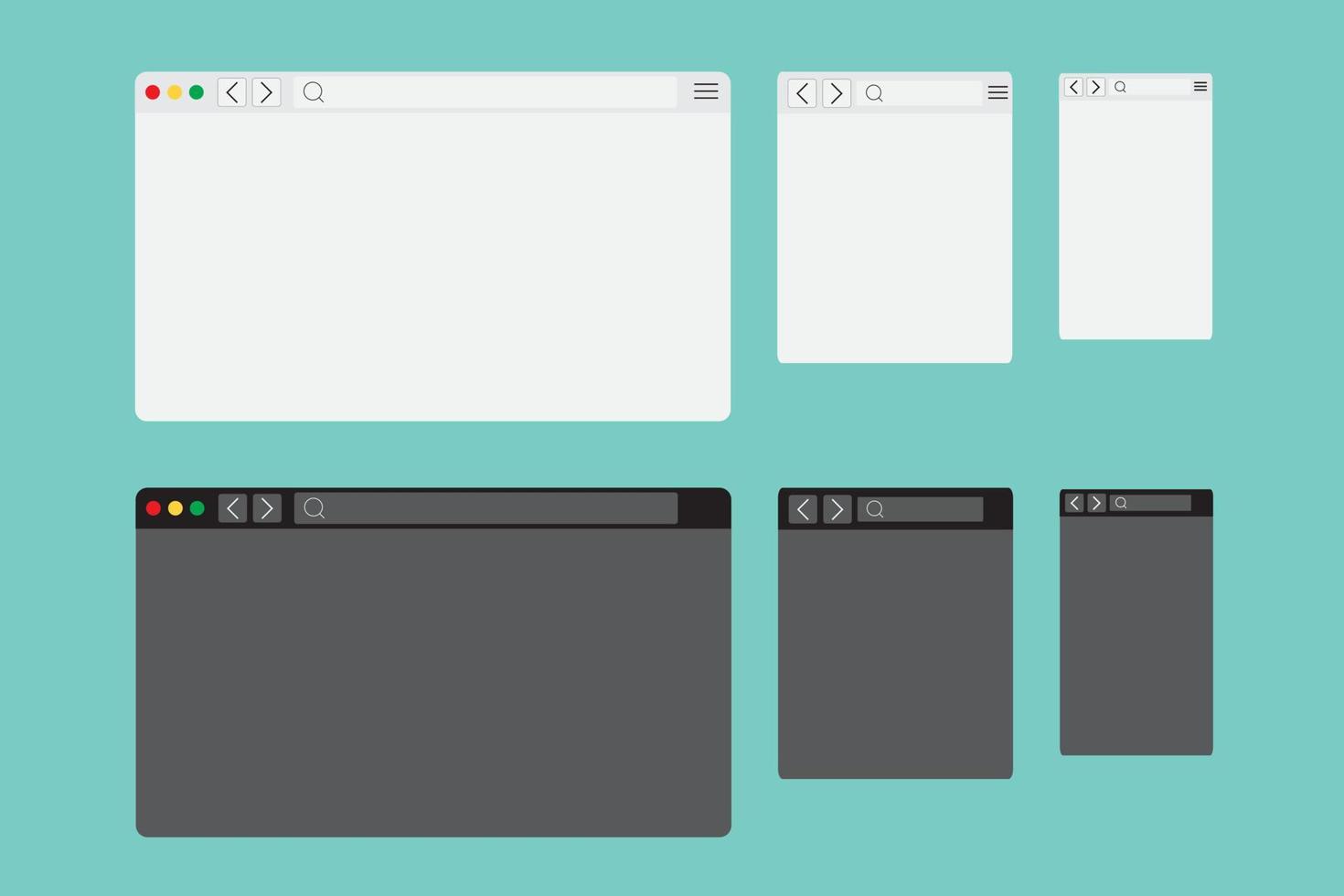 Netz Browser Fenster Attrappe, Lehrmodell, Simulation im Licht und dunkel modern eben Design. Webseite Seite von Computer mit Grün sperren und Favoriten Symbol. Schreibtisch, Tablette und Handy, Mobiltelefon Vorlage von Browser. Vektor eps 10