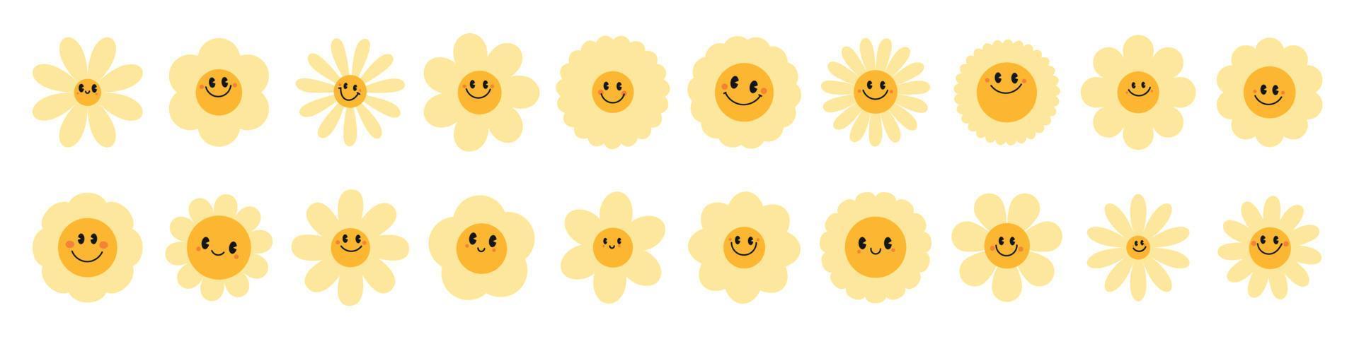Gänseblümchen Emoji blumen.retro Kamille lächelt im Karikatur Stil. glücklich Aufkleber einstellen von 70er. Vektor Grafik Illustration
