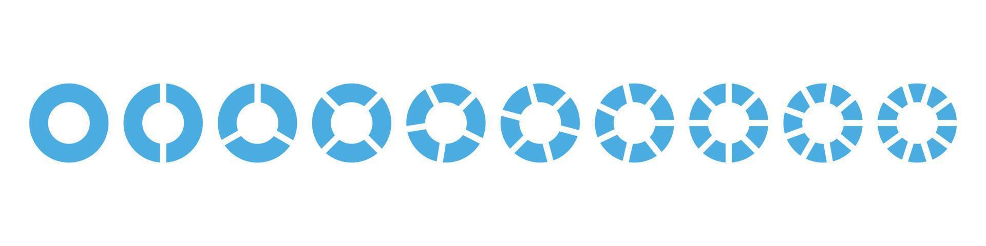 Brüche Kuchen geteilt für Mathe. Kreiskuchen mit Stücken. Segment-Slice-Set. einfache Geometrie. vektor isolierte illustration