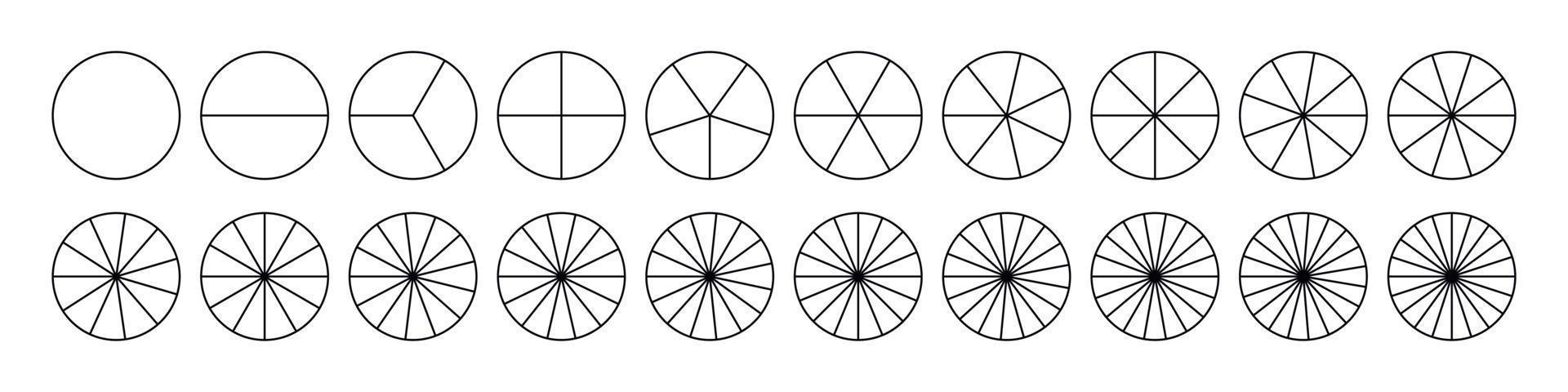 Brüche Kuchen geteilt für Mathe. Kreiskuchen mit Stücken. Segment-Slice-Set. einfache Geometrie. vektor isolierte illustration