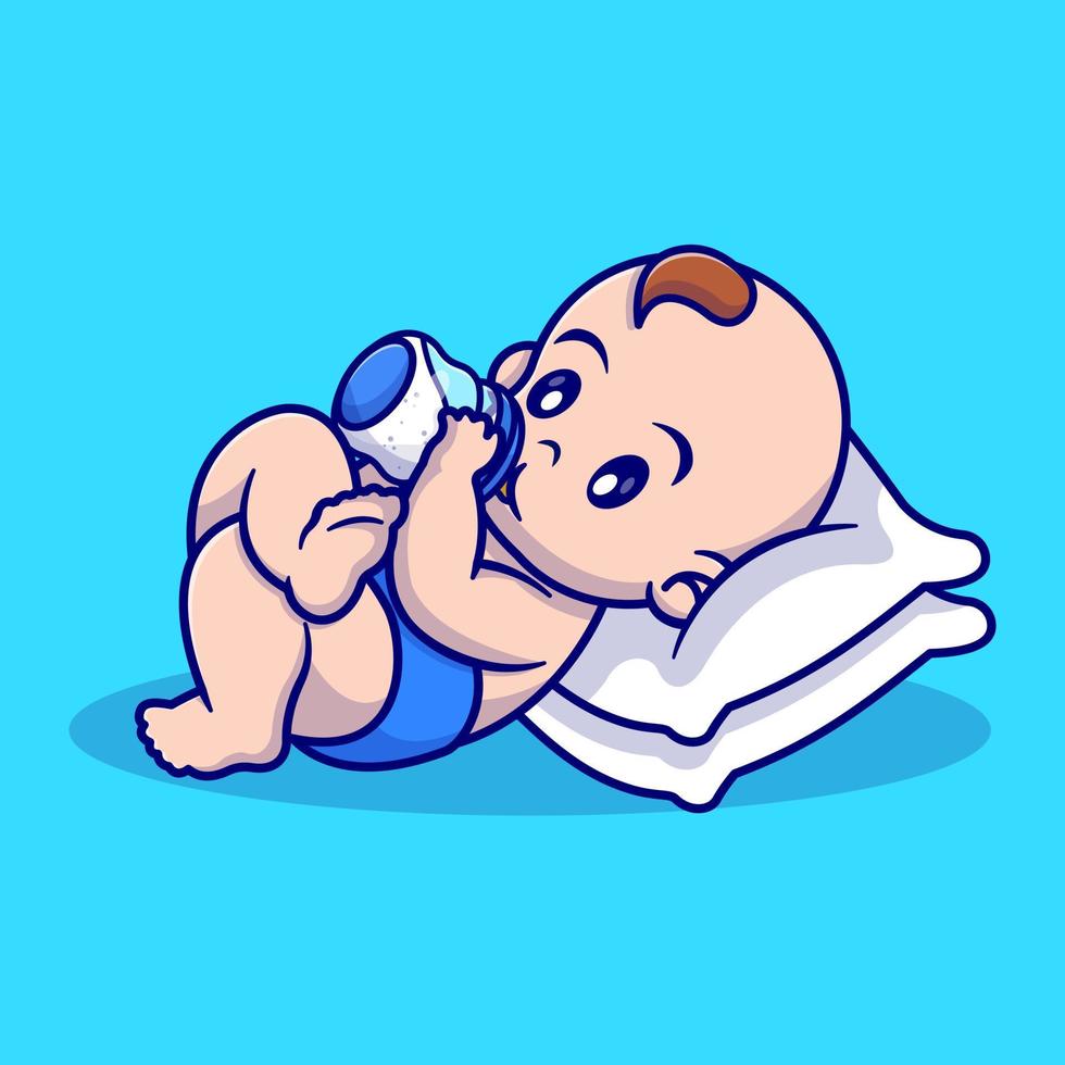 süß Baby Schlafen mit Kissen halten ein Milch Flasche Vektor Karikatur Illustration