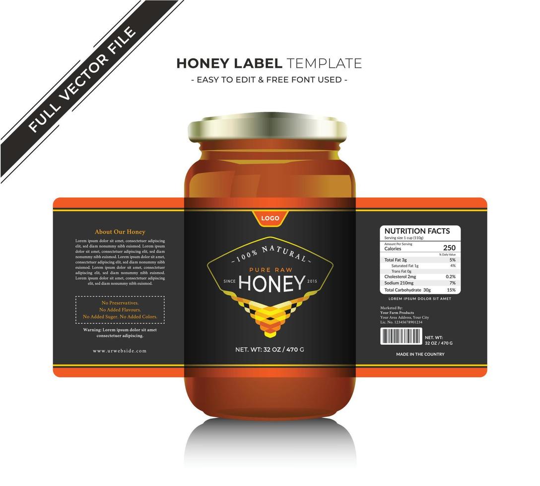 Honig Etikette Design und Honig Design natürlich rein Honig Biene Etikette mit Vektor Neu Honig Krug Etikette Produkt Aufkleber Design kreativ und modern Verpackung Gold Honig schwarz Etikette organisch Honig Lebensmittel.