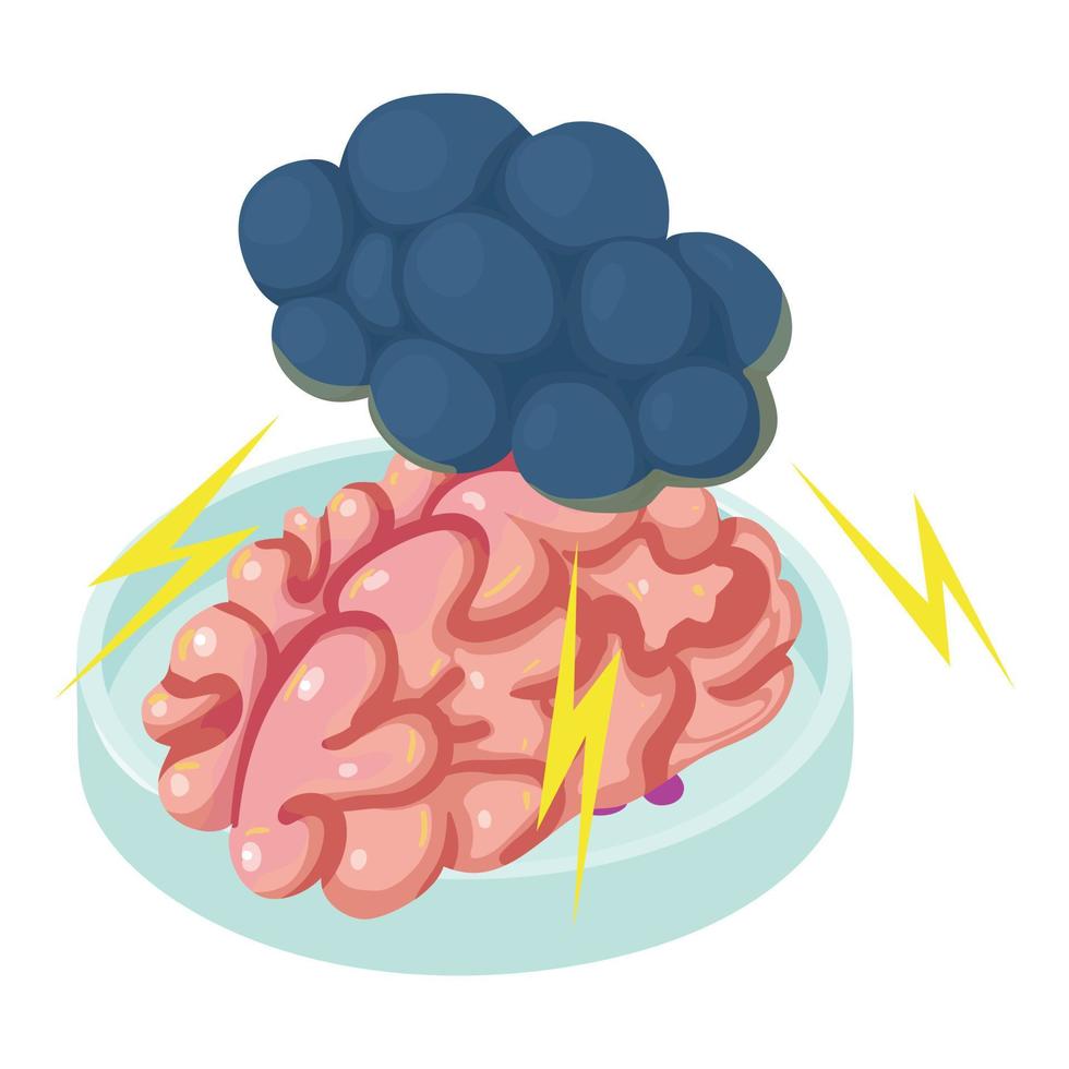 Isometrischer Vektor des Gehirnkrankheitssymbols. Wolke mit Blitz über Gehirn-Petrischale