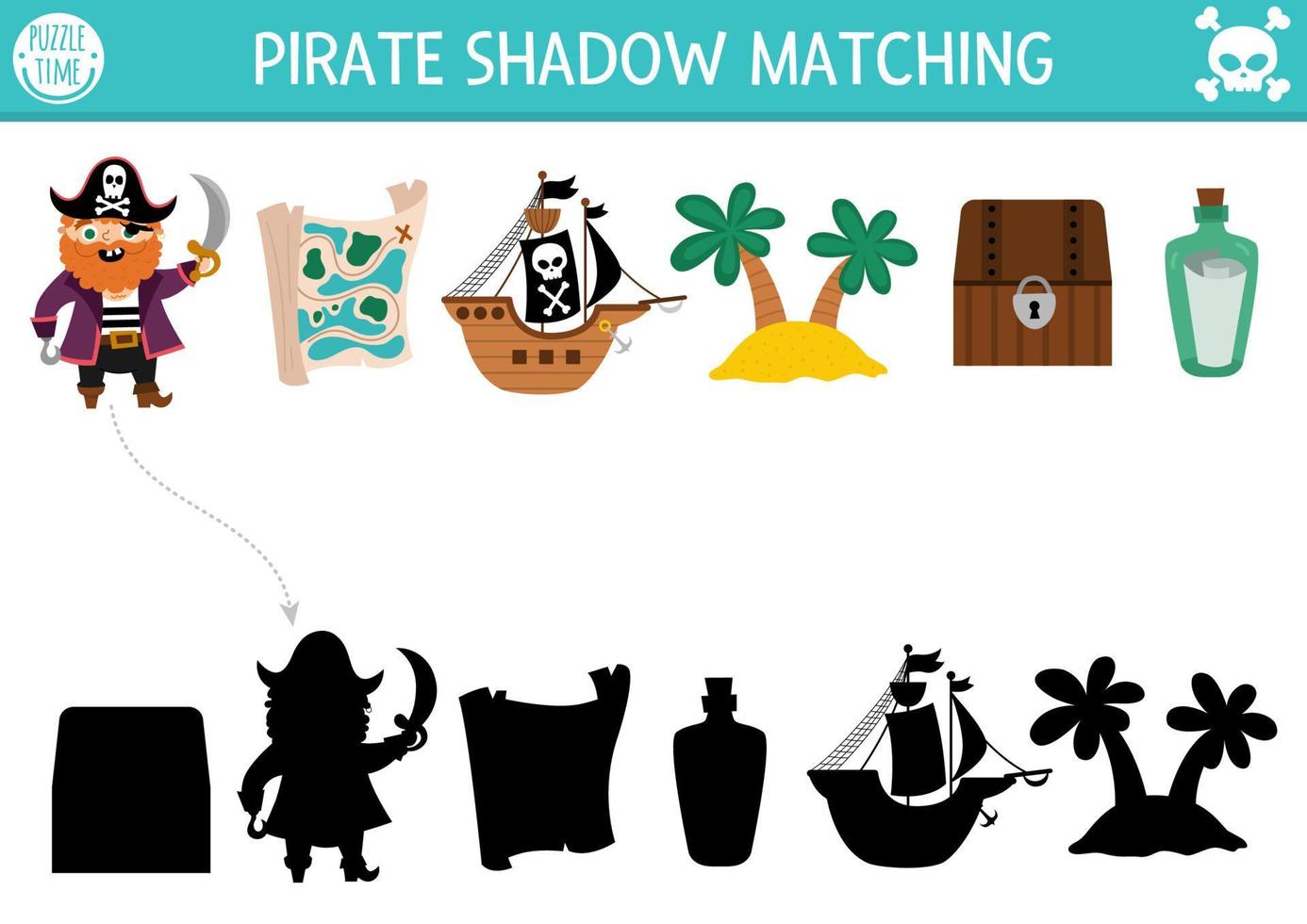 Pirat Schatten passend Aktivität. Schatz Insel jagen Puzzle mit süß Pirat, Karte, Schiff, Insel, Brust. finden richtig Silhouette druckbar Arbeitsblatt oder Spiel. Meer Abenteuer Seite zum Kinder vektor