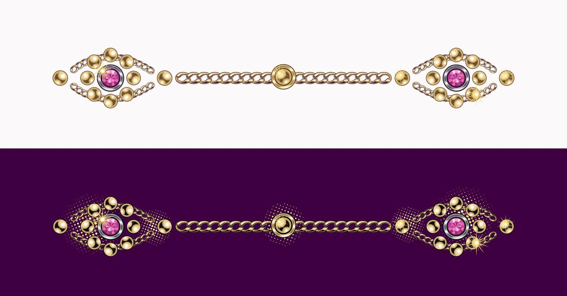 årgång Smycken gräns linje, delare tillverkad av guld boll pärlor, rosa strass, Ädelsten, guld kedjor på vit och magenta bakgrund. vektor design element