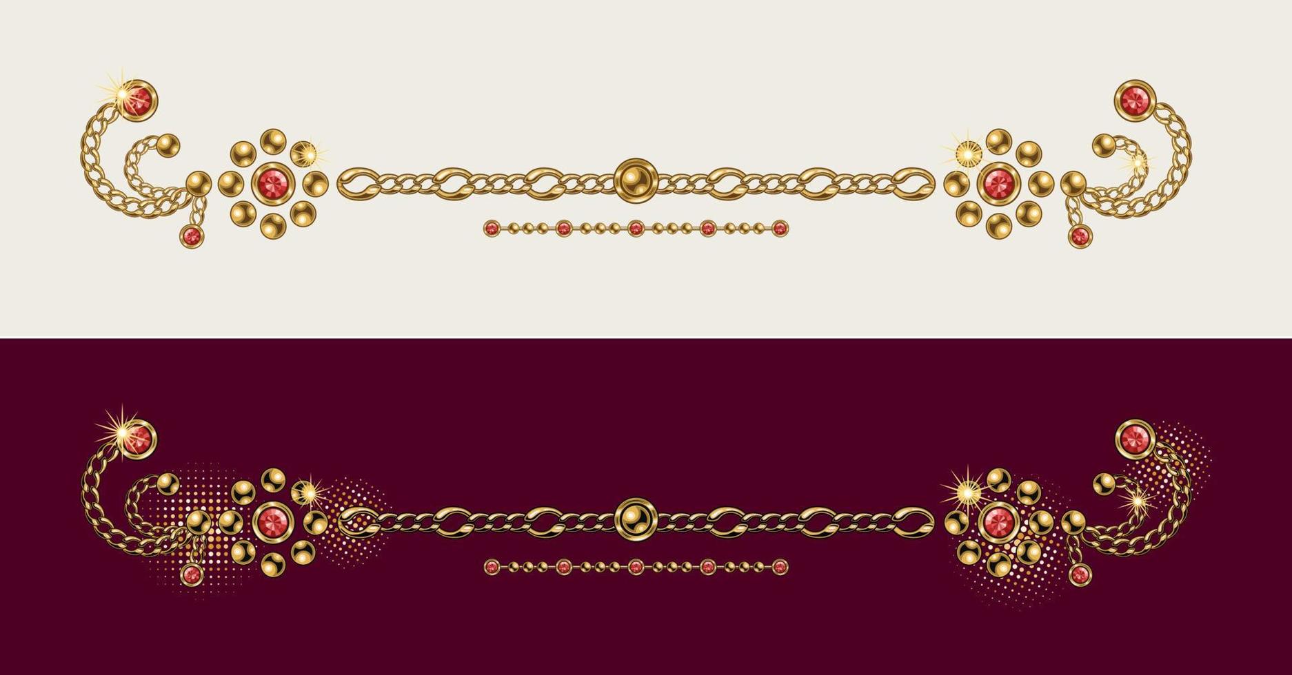 årgång Smycken gräns linje, delare tillverkad av guld boll pärlor, röd strass, Ädelsten, guld kedjor på vit och djup röd bakgrund. vektor design element