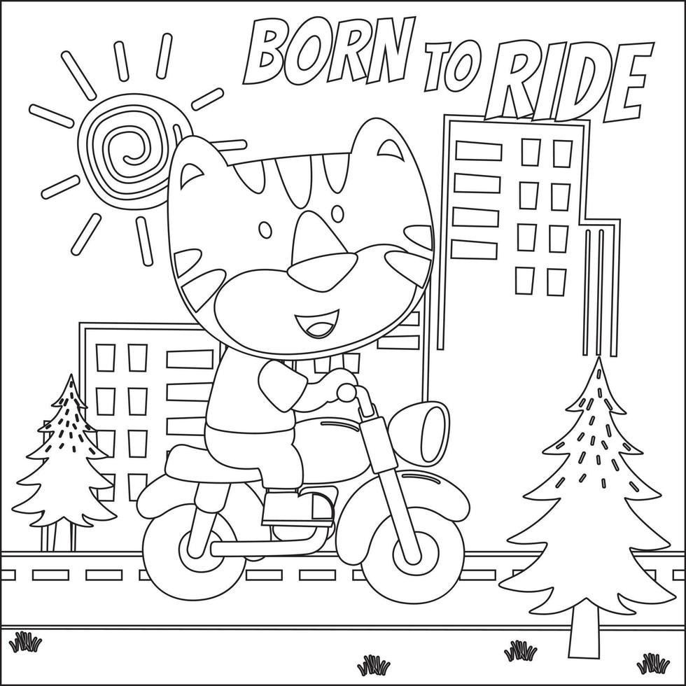 Vektor Illustration von cool Tier und Motorrad komisch Tier Karikatur. kreativ Vektor kindisch Design zum Kinder Aktivität Färbung Buch oder Buchseite.