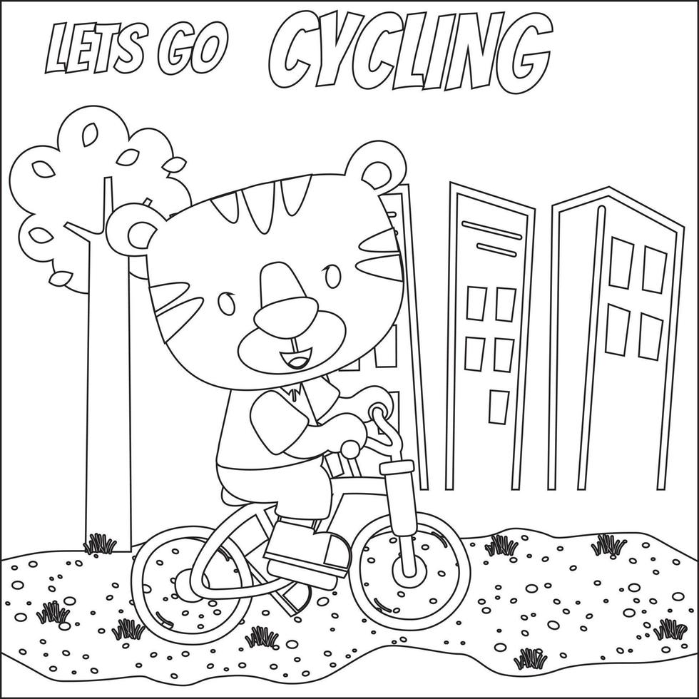 süß wenig Tier Reiten Fahrrad. modisch Kinder Grafik mit Linie Kunst Design Hand Zeichnung skizzieren Vektor Illustration zum Erwachsene und Kinder Färbung Buch.