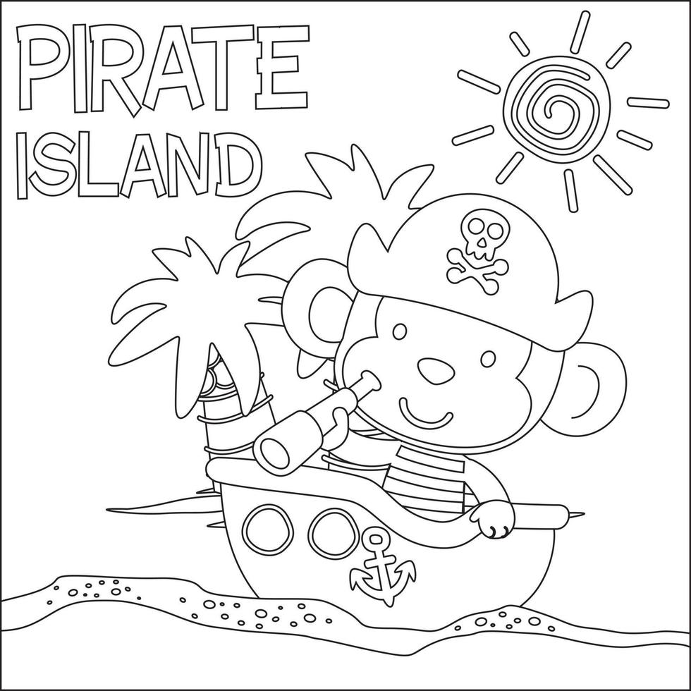 Vektor Illustration von komisch Tier Pirat mit Schatz Brust, kindisch Design zum Kinder Aktivität Färbung Buch oder Buchseite.
