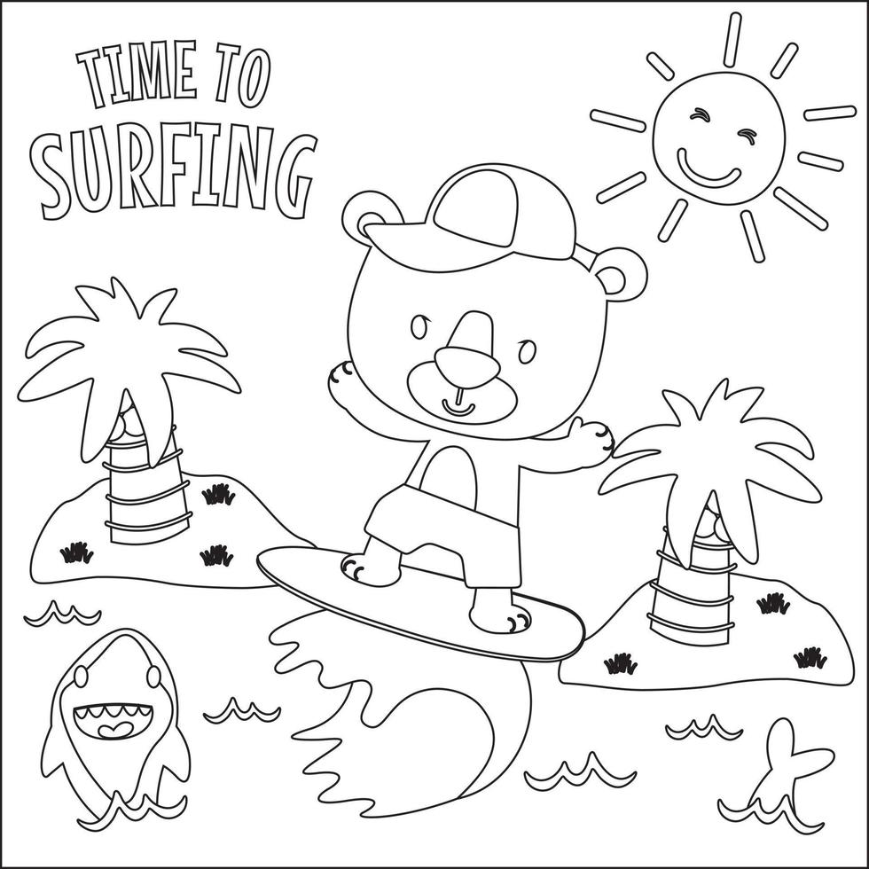 Vektor Illustration von Surfen Zeit mit süß wenig Tier beim Sommer- Strand. kindisch Design zum Kinder Aktivität Färbung Buch oder Buchseite.