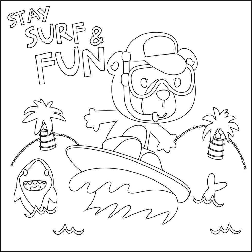 vektor illustration av surfing tid med söt liten djur- på sommar strand. barnslig design för barn aktivitet färg bok eller sida.