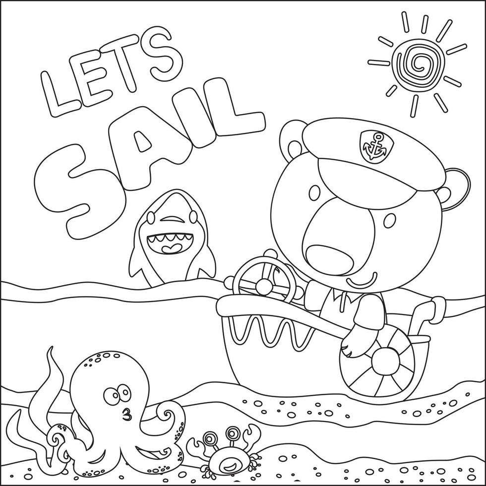 rolig djur- tecknad serie vektor på liten båt med tecknad serie stil, trendig barn grafisk med linje konst design hand teckning skiss för vuxen och barn färg bok eller sida
